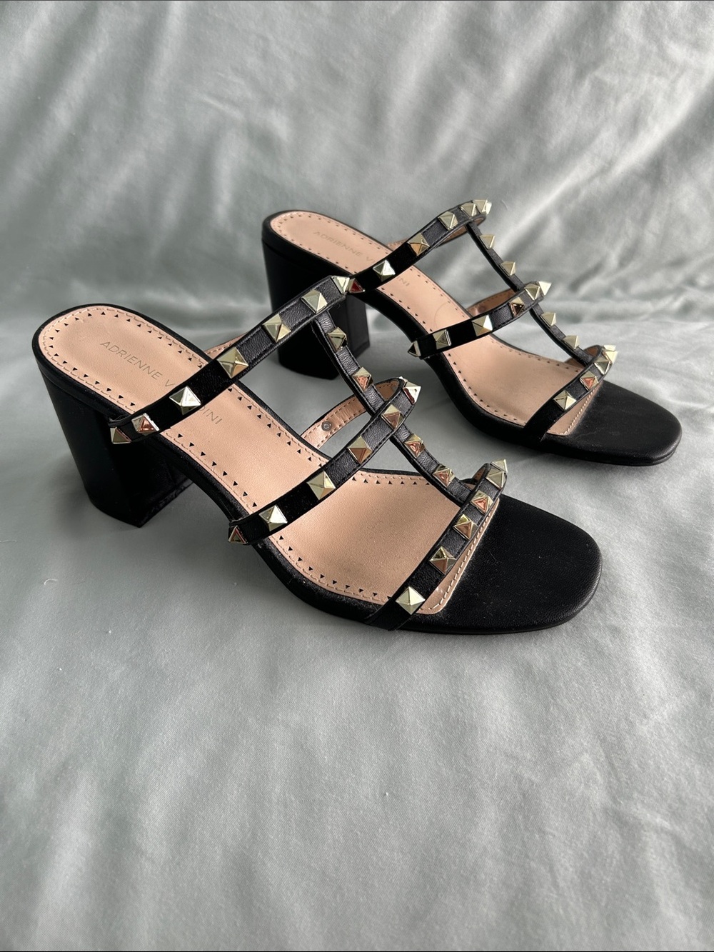 Adrienne Vittadini Black Studded Block Heel Sandals